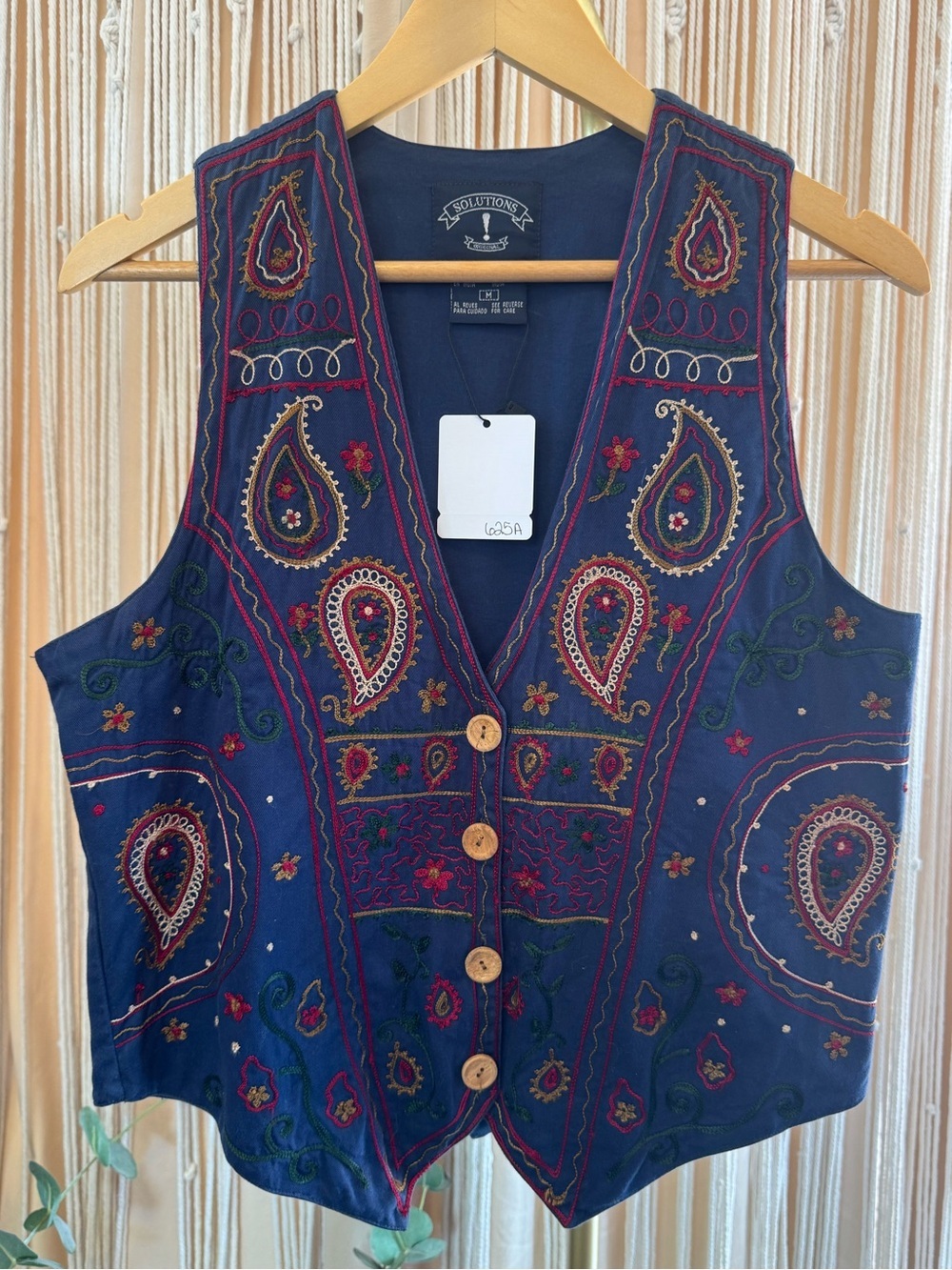 1990s Solutions Original Embroidered Paisley Cotton Vest waistcoat Blue Medium M